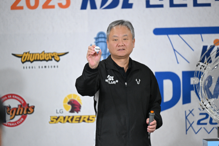 정관장이 적힌 공을 들고 있는 유재학 경기운영본부장. KBL 제공
