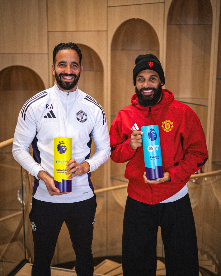 후벵 아모링 감독(왼쪽)과 브라이언 음뵈모. 프리미어리그 X