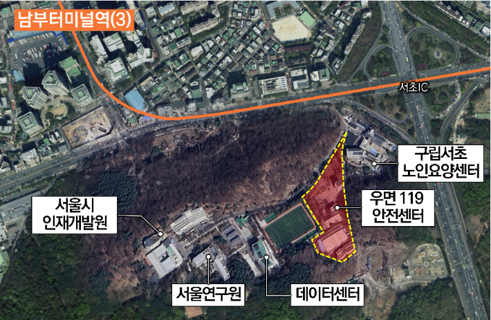 서초소방학교 부지(노란색). 서울시 제공