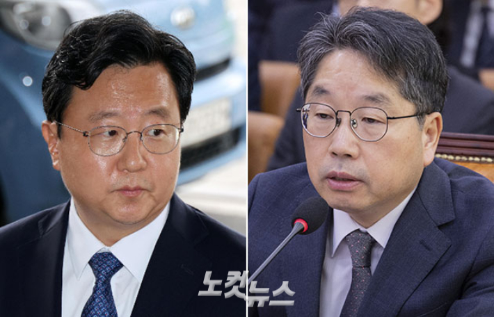  정진우 서울중앙지검장·노만석 검찰총장 직무대행. 박종민·윤창원 기자