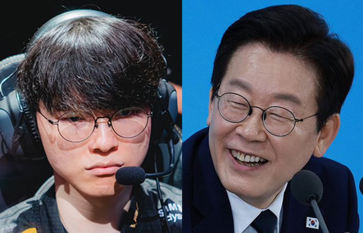 T1 '페이커' 이상혁(왼쪽)과 이재명 대통령. 연합뉴스