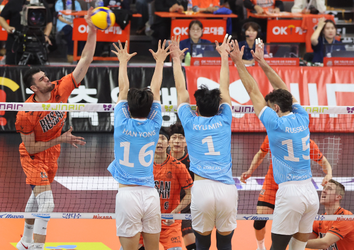 9일 부산 강서체육관에서 열린 프로배구 V리그 남자부 OK저축은행 읏맨과 대한항공 점보스의 경기. OK저축은행의 디미트로프가 스파이크하고 있다. 연합뉴스 