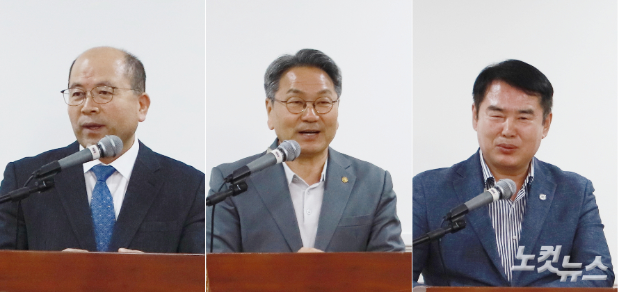 2부 축하 리셉션에서 (왼쪽부터) 정석윤 광교협회장, 강기정 광주시장, 이정선 광주시교육감이 축사하고 있다. 한세민 교계기자 