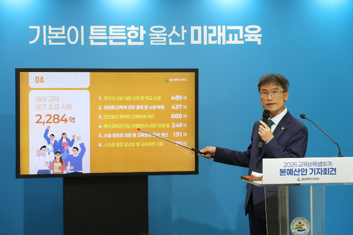 천창수 울산시교육감이 11월 10일 울산교육청 기자회견장에서 2026년도 본예산 편성에 대해 설명하고 있다. 울산광역시교육청 제공