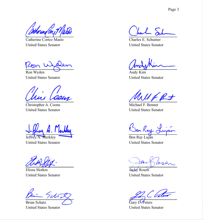 미국 민주당 상원의원 12명이 지난 10월 29일 트럼프 대통령에게 보낸 서한의 서명 부분. 서한에는 트럼프 대통령의 대만 정책 변화에 대한 민주당의 우려가 담겨있다. 캐서린 코르테즈 마스토 상원의원(네바다주, 민주당) 홈페이지 캡처