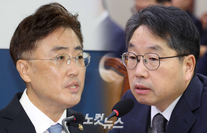 왼쪽부터 이진수 법무부 차관, 노만석 검찰총장 직무대행. 박종민·윤창원 기자