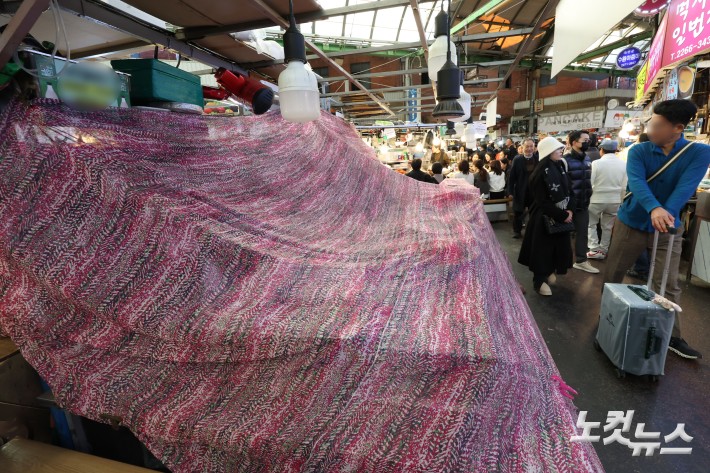 한 유튜버의 광장시장 방문 영상을 계기로 바가지요금 논란이 불거진 서울 광장시장의 한 노점에 영업정지 10일 처분이 내려진 가운데 12일 서울 종로구 광장시장에서 순대 등 분식을 파는 해당 노점이 천막으로 덮여 있다.앞서 지난 4일 구독자 151만명을 거느린 유튜버 