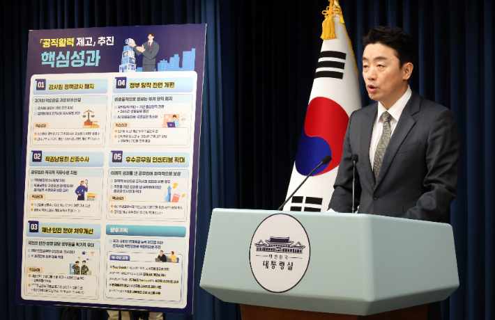 강훈식 대통령비서실장이 12일 서울 용산 대통령실 기자회견장에서 공직 활력 제고 추진 성과 및 공직 역량 강화 향후 계획 브리핑을 하고 있다. 연합뉴스