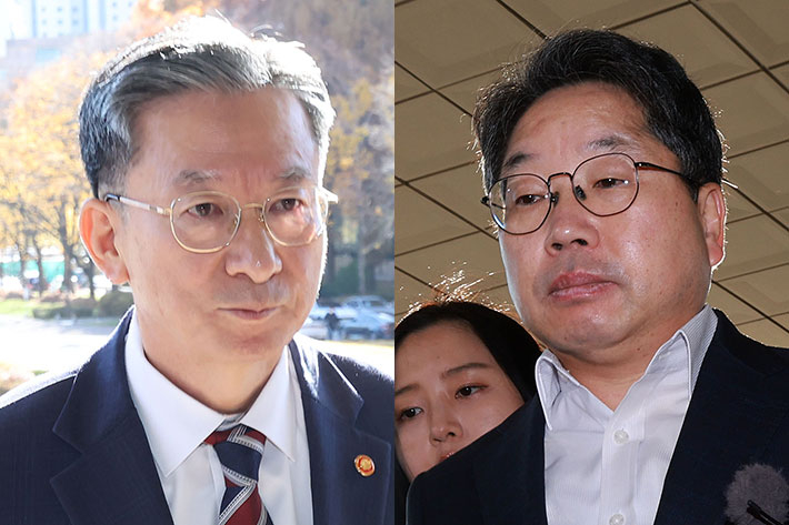 정성호 법무부 장관(왼쪽), 노만석 검찰총장 직무대행. 류영주 기자·연합뉴스