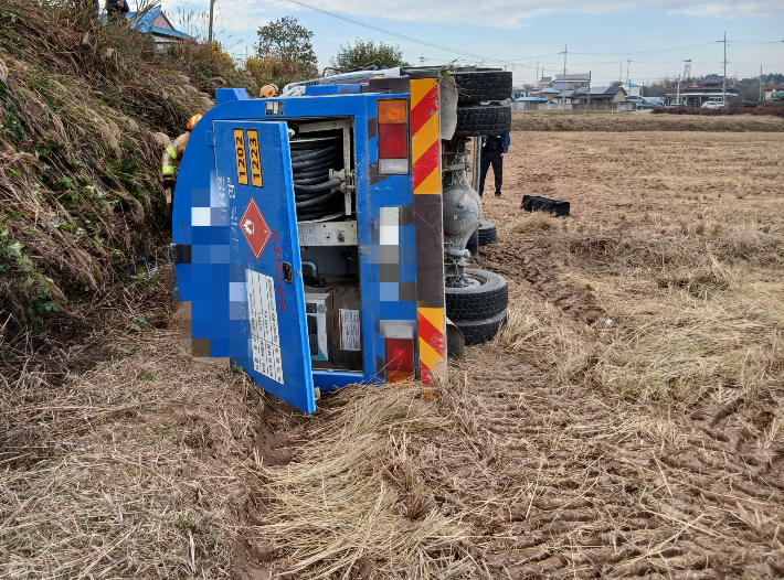 논으로 추락한 이동탱크저장소. 전북소방본부 제공