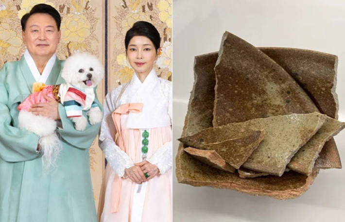 윤 전 대통령 부부와 파손된 전승공예품. 대통령실·손솔 진보당 의원실 제공