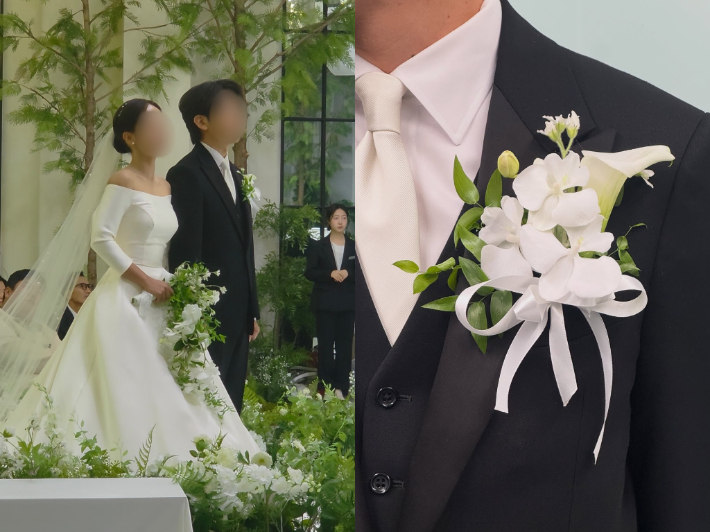 아버지가 직접 만든 부케와 신랑의 부토니에. SNS 캡처