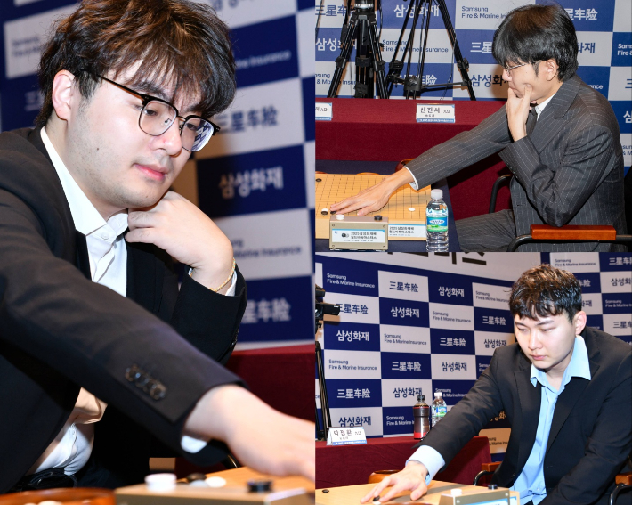 중국 랭킹 13위의  랴오위안허 9단(사진 왼쪽)과 대국을 벌이는 한국 랭킹 1위 신진서 9단(사진 오른쪽 위), 한국 랭킹 2위 박정환 9단. 한국기원 제공