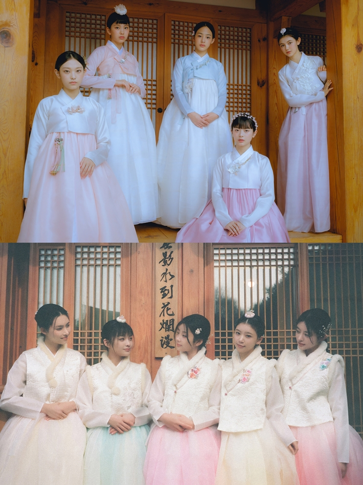 위쪽부터 뉴진스, 아일릿의 한복 화보. 어도어/빌리프랩 제공