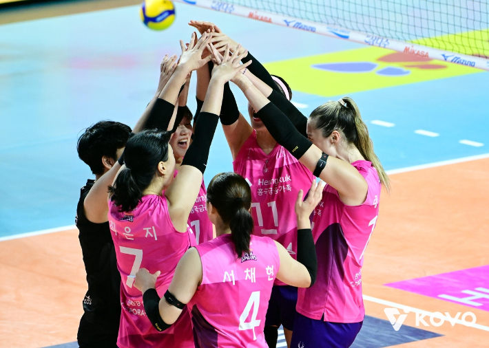 승리를 거둔 흥국생명 선수들. 한국배구연맹 