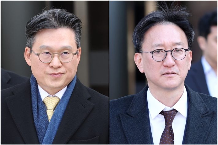 채상병 순직 사건 수사를 방해한 혐의를 받는 김선규(왼쪽)·송창진 전 고위공직자범죄수사처(공수처) 부장검사. 연합뉴스