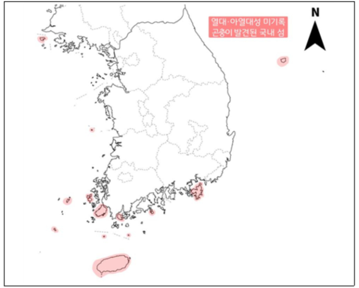 열대·아열대성 미기록종 곤충이 발견된 국내 섬. 남해안으론 제주도, 추자도, 여서도, 완도, 외나로도, 거제도가 있고, 남부 서해안 어청도, 비금도, 도초도, 흑산도, 가거도, 진도가 있다. 중부 서해안에선 백령도에서, 동해안 울릉도에서도 미기록종 곤충이 발견됐다. 국립호남권생물자원관 제공