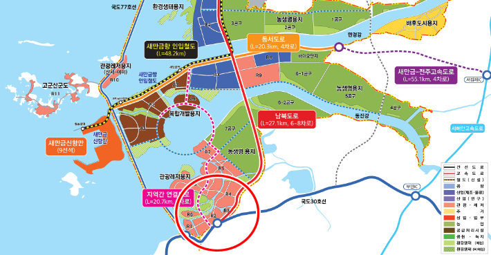 전북자치도가 안티드론 테스트베드로 구상하고 있는 새만금 관광레저용지(R1~R4). 빨간색 동그라미. 새만금 현황도 캡처