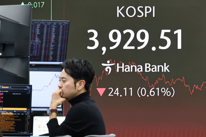 19일 서울 중구 하나은행 딜링룸 현황판에 코스피 지수 등이 표시되고 있다. 연합뉴스
