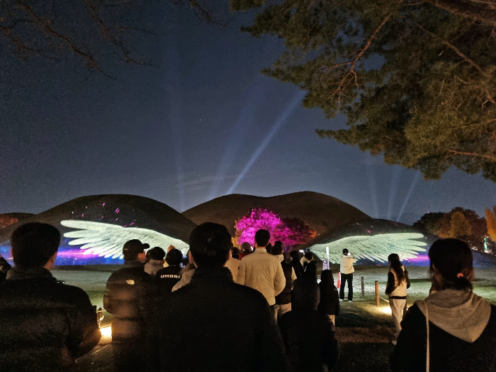 대릉원 일원에서 열린 '2025 국가유산 미디어아트 경주 대릉원' 행사에서 관람객들이 고분에 투사된 미디어아트 영상을 감상하고 있다. 경주시 제공