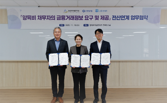 '금융거래정보 요구 및 제공 전산연계시스템' 구축을 위한 업무협약식 모습. (좌)김광휘 금융결제원 금융정보본부장, 전지현 양육비이행관리원장, (우)김홍식 신한은행 채널지원본부장. 양육비이행관리원 제공