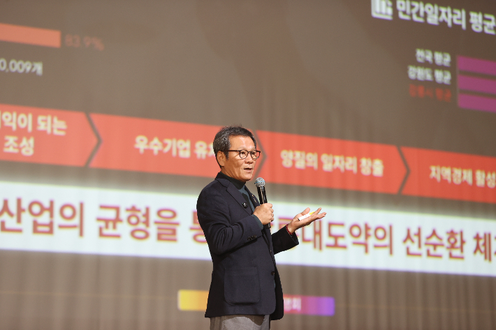 시정설명회를 하고 있는 김홍규 강릉시장. 강릉시 제공