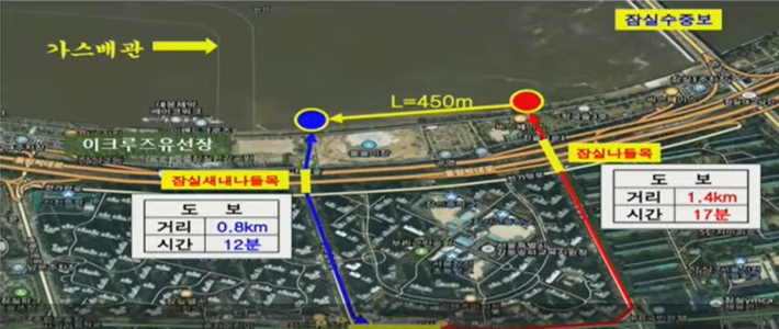 빨간 원이 최초 검토했던 잠실선착장. 파란 원이 현재 위치. 파란 원 왼쪽의 가스배관 때문에 준설을 충분히 할 수 없어 이번에 좌초 사고가 났다는 주장이 제기됐다. 이영실 의원 제공
