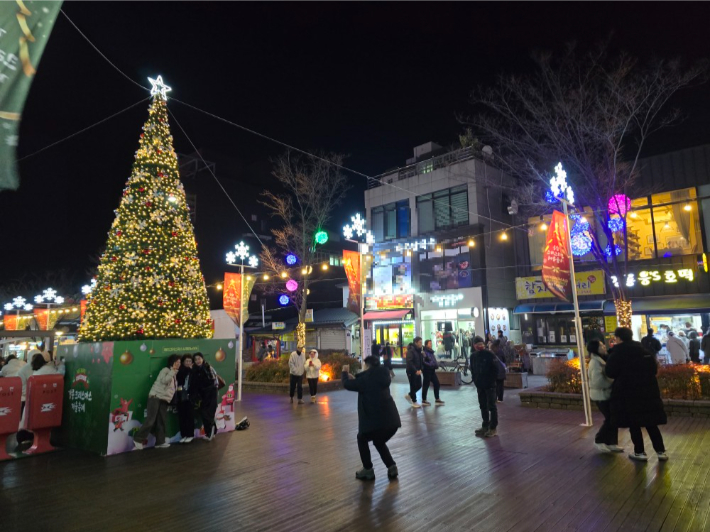 강릉월화거리에 설치한 성탄트리 앞에서 기념 사진을 찍고 있는 시민들. 강릉 크리스마스겨울축제 조직위원회 제공