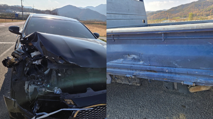 심하게 파손된 상대 차량과 큰 손상 없이 남은 A씨 차량. 스레드 캡처