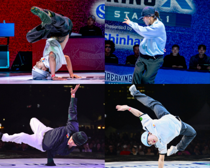 1차 대회 비보이 부문 우승자 김홍열(사진 위 왼쪽부터 시계 방향으로)과 비걸 부문 우승자 전지예, 2차 대회  비걸 부문 우승자 권성희와 비보이 부문 우승자 김종호의 경기 장면. 대한민국댄스스포츠연맹 제공