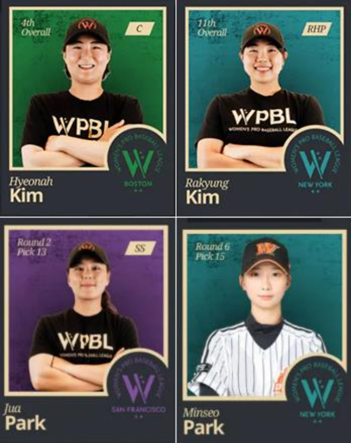 한국 여자야구 선수 김현아(사진 왼쪽 위), 김라경(오른쪽 위), 박주아(왼쪽 아래), 박민서. WPBL 홈페이지 캡처
