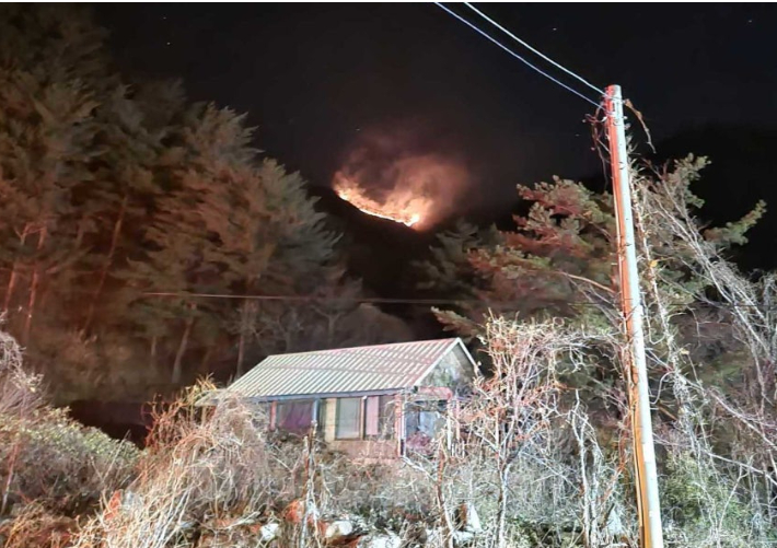 22일 오후 6시 16분쯤 강원 양양군 서면 서림리의 한 야산에서 불이 나 산림당국이 진화를 벌이고 있다. 강원소방본부 제공
