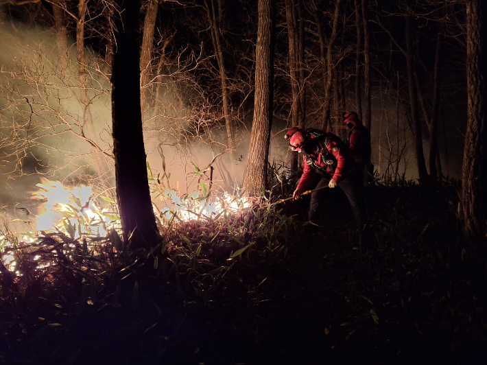 산불과 사투를 벌이고 있는 진화대원들. 산림청 제공
