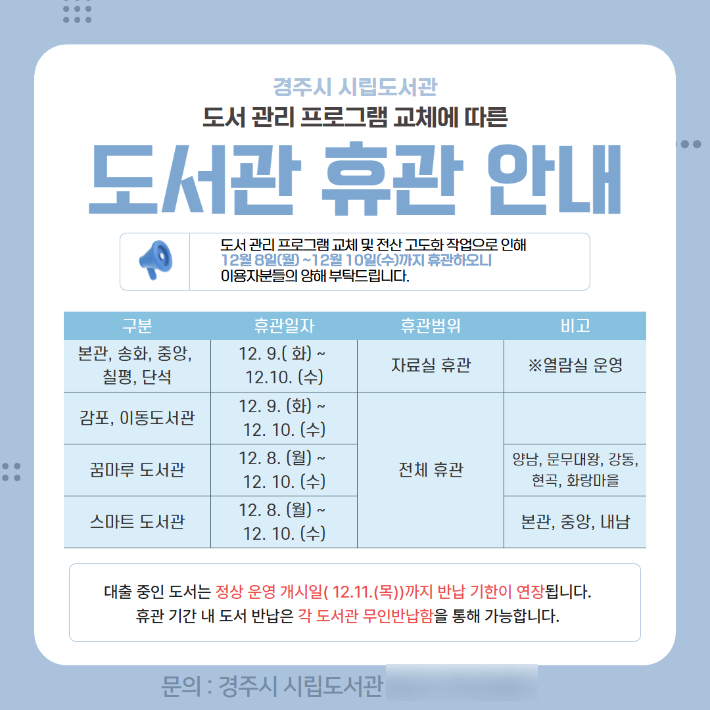 경주시립도서관이 도서 관리 프로그램 교체 작업으로 12월 8일부터 10일까지 휴관함을 알리고 있는 안내문. 경주시 제공