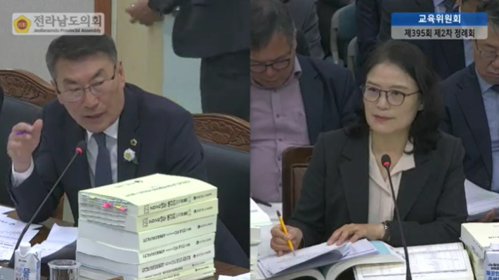 김재철 전남도의원(더불어민주당·보성 1)이 지난 21일, 전남도교육비특별회계 2026년도 예산안 심사에서 김영신 교육국장에게 질의하고 있다. 전남도의회 제공