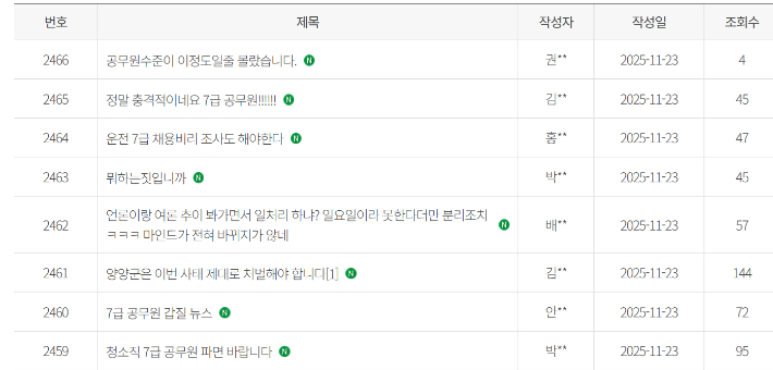 양양군청 홈페이지 자유게시판 캡처