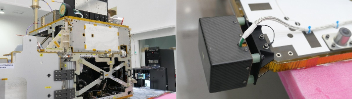 위성에 설치된 '플라즈마 측정기'(왼쪽)와 '자기장 측정기'. 우주항공청 제공