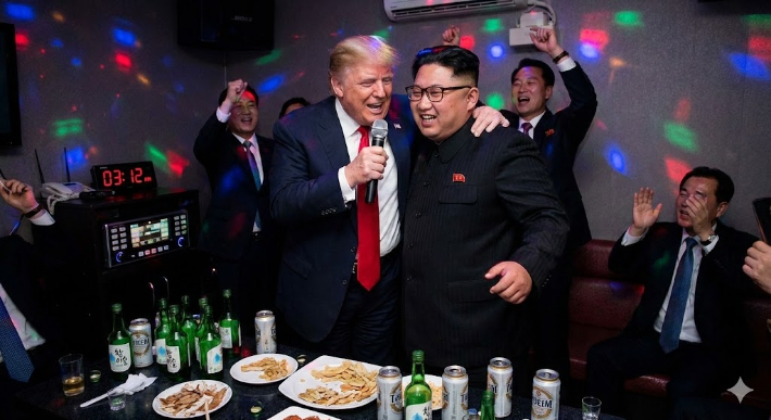 기자가 구글의 나노 바나나 프로를 활용해 제작한 생성 이미지. 도널드 트럼프 미국 대통령과 김정은 북한 국무위원장이 노래방에서 노래를 부르고 있는 가상의 모습. AI생성 이미지