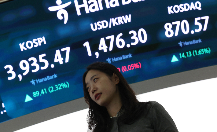 25일 서울 중구 하나은행 딜링룸 현황판에 코스피 지수 등이 표시되고 있다. 연합뉴스