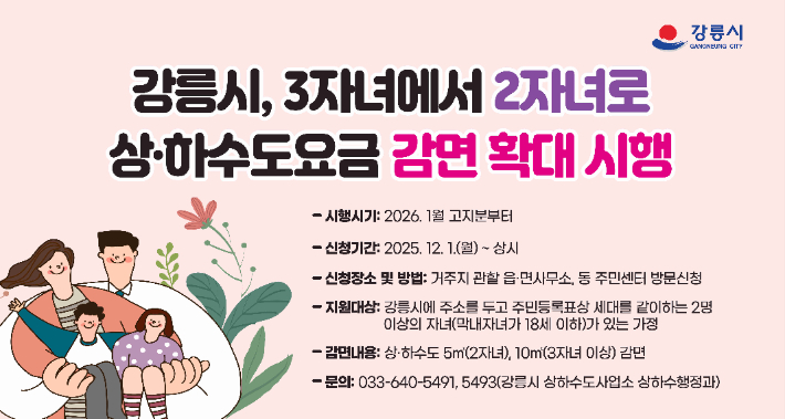 강릉시, 다자녀 가정 상·하수도 요금 감면 확대