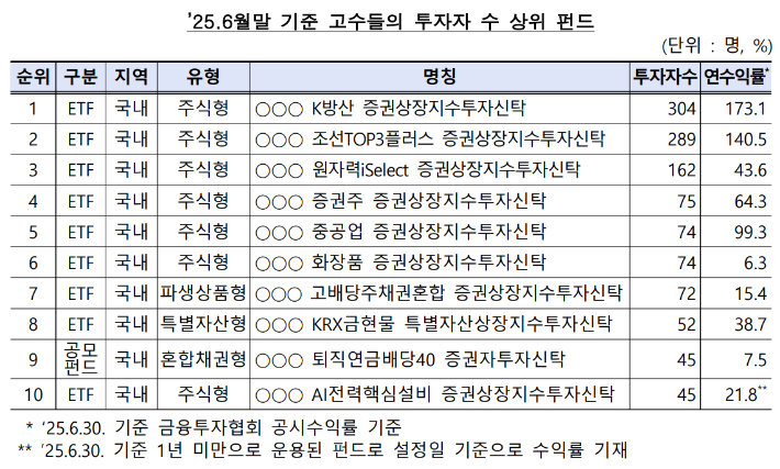 25년 6월말 기준 고수들의 투자자 수 상위 펀드. 금융감독원 제공