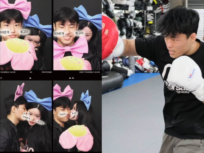 로드FC 파이터 정재복의 훈련 장면(사진 오른쪽)과 여자친구와 함께 사진을 촬영하는 장면. 정재복·로드FC 제공