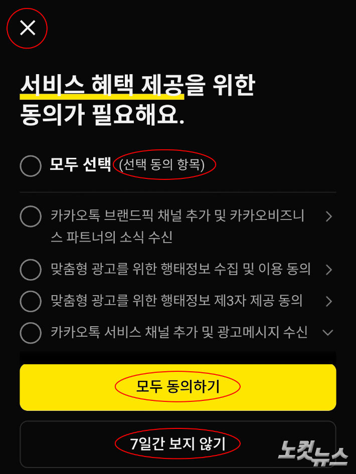 카카오톡이 이용자에게 선택 동의를 받는 팝업창. 상단 X표시는 팝업 창을 닫는 기능만 할 뿐 영구적이지 않다. 장윤우 기자