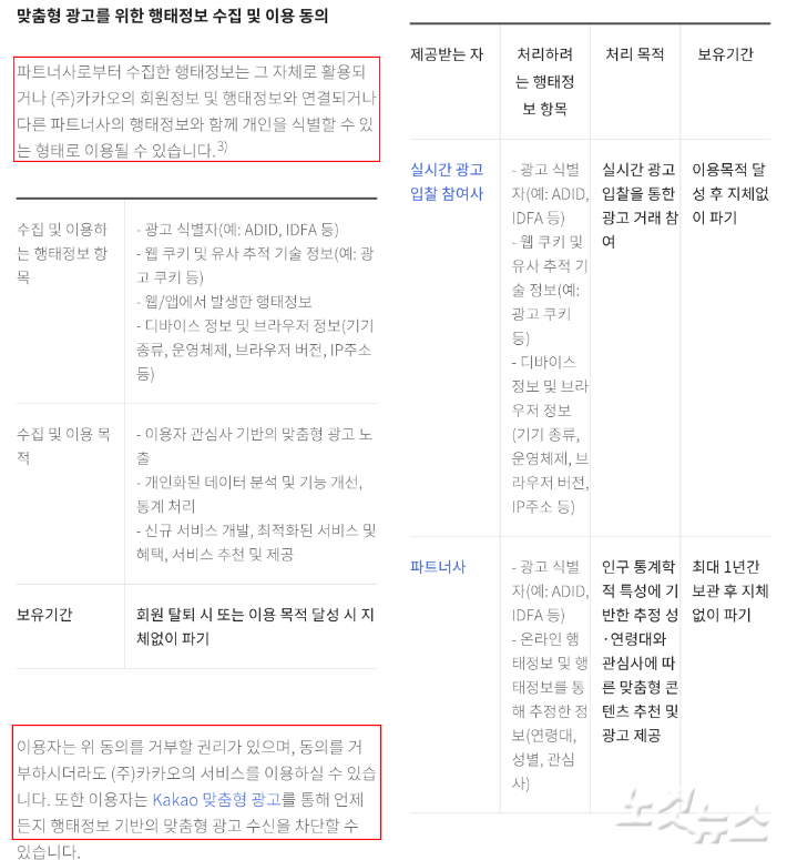 왼쪽부터 맞춤형 광고를 위한 행태정보 수집 및 이용 동의 약관, 맞춤형 광고를 위한 행태정보 제3자 제공 동의 약관. 하단에 동의를 거부할 권리가 있다고 명시돼있다. 장윤우 기자