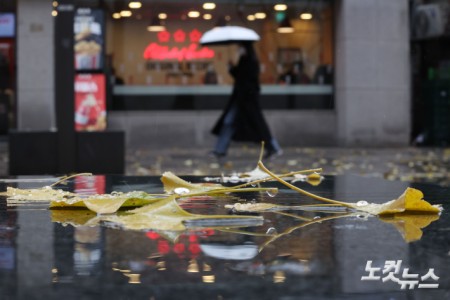 전국 대부분의 지역에 비가 내린 27일 서울 종로구 광화문광장에 우산을 쓴 시민들이 발걸음을 재촉하고 있다.
