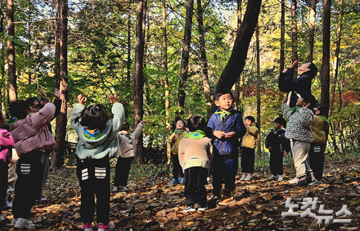 지난 13일 전주 건지산 임금님숲에서 숲 활동을 하고 있는 전주 초록빛 유치원 원아들. 강석찬 기자