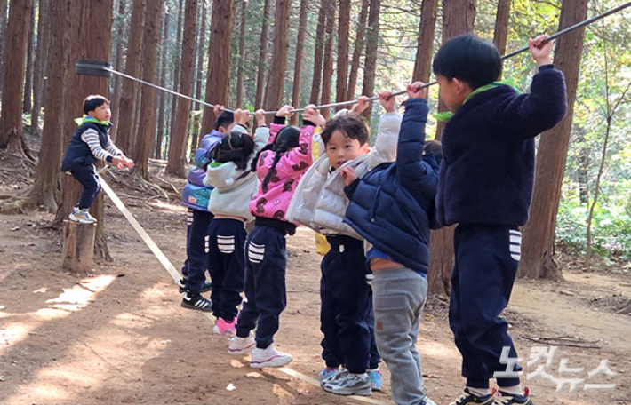 지난 13일 전주 건지산 임금님숲에서 숲 활동을 하고 있는 전주 초록빛 유치원 원아들. 강석찬 기자