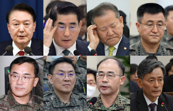 왼쪽부터(시계방향으로) 윤석열 대통령, 김용현 전 국방부 장관, 이상민 행정안전부장관, 박안수 육군참모총장, 조지호 경찰청장, 곽종근 육군특수전사령관, 이진우 수도방위사령관, 여인형 국군방첩사령관.  윤창원·황진환 기자·대통령실 제공