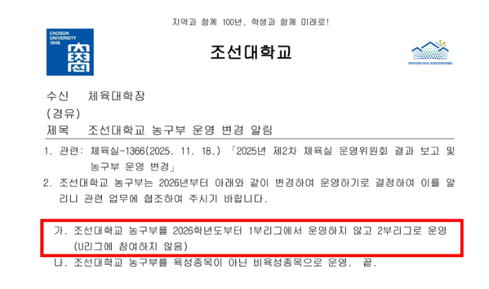 조선대는 지난 11월 26일 농구부를 1부 리그에서 2부 소속으로 전환하는 방안을 공문으로 대학농구연맹에 통보했다. 조선대 제공