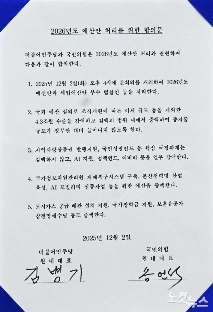 2026년도 예산안 처리를 위한 합의문. 윤창원 기자